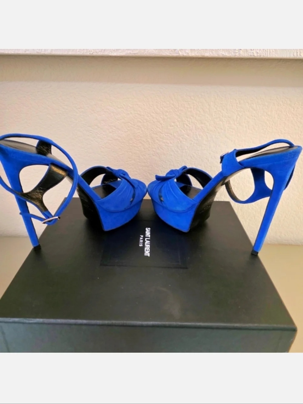 YSL Saint Laurent Blue Suede Platform Stiletto Ankle Strap Heels EU 38.5 / US 8 - Picture 6 of 13